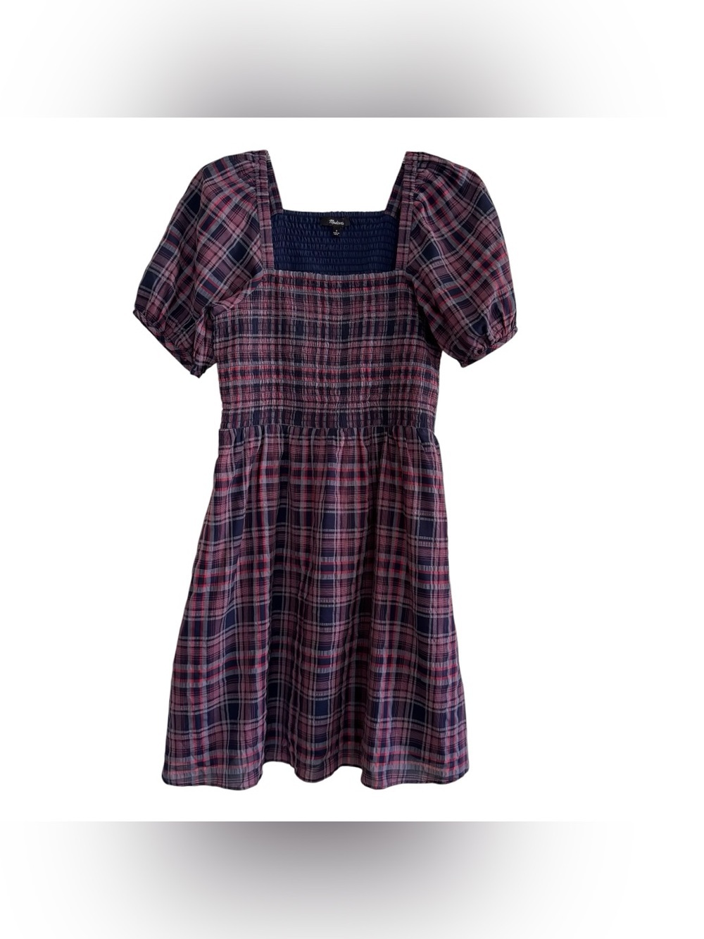 Madewell Lucie Puff-Sleeve Smocked Mini Dress in Rockfern Plaid Smocked S